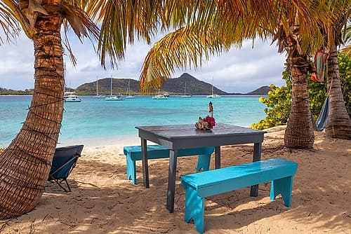 Caribbean-Grenada-Sandy Island Picnic table and hammock on beach Art Print